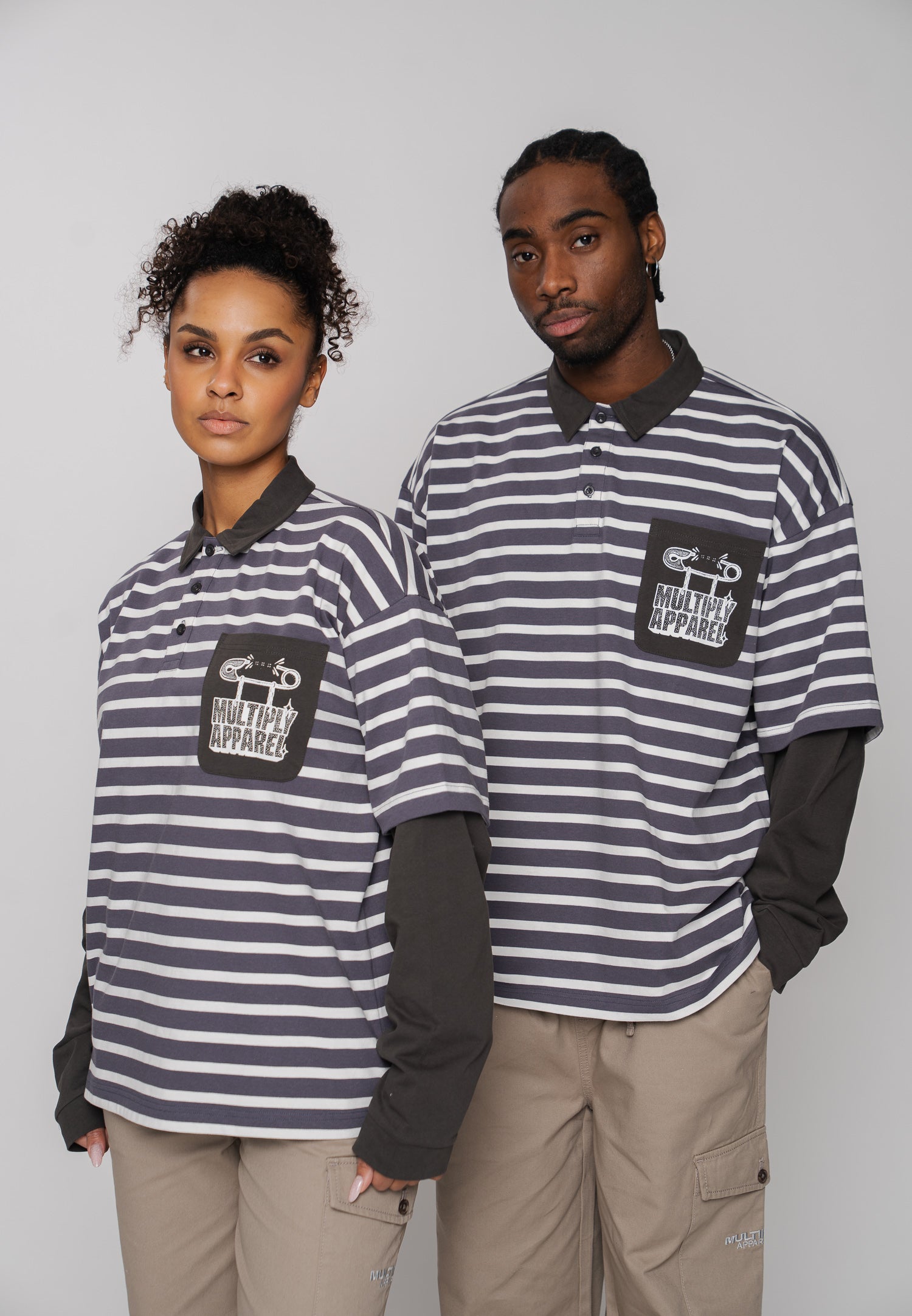 Multiply Apparel Oversize Longsleeve Polo STREAK Black Soda Washed – Frontalansicht